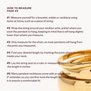 May include: Instructions on how to measure for a necklace, bracelet, or anklet using a piece of string and a ruler. The image shows a gold chain and a ruler.