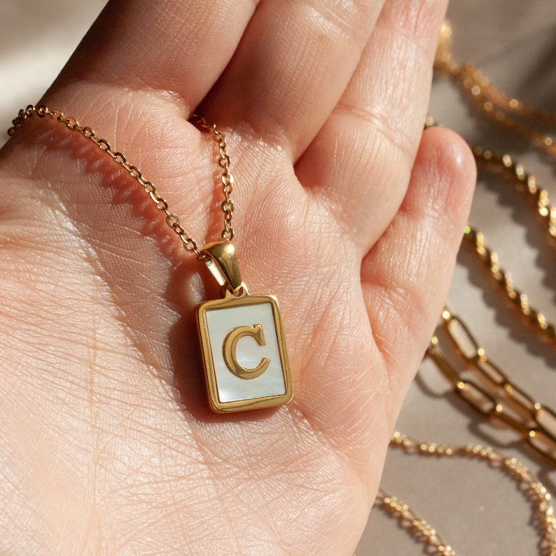 Gold Mother of Pearl Initial Necklace Initial Necklace image 3