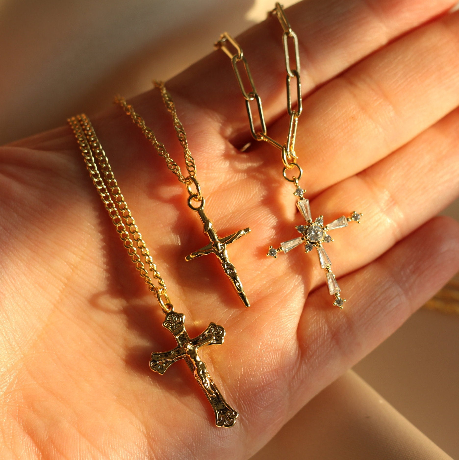 18K Gold Cross Necklace, Dainty Cross Necklace, Crystal