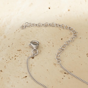 Puede incluir: Un collar plateado con un cierre de mosquet&oacute;n y una cadena ajustable. El collar est&aacute; hecho de peque&ntilde;as piezas de metal unidas. El fondo es una superficie texturizada de color beige claro.