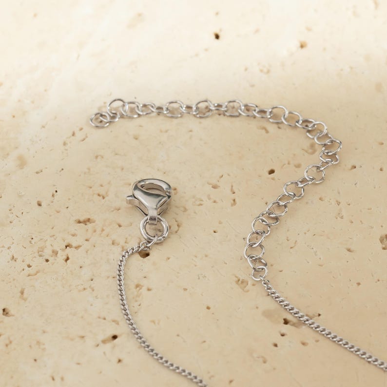 Puede incluir: Un collar plateado con un cierre de mosquet&oacute;n y una cadena ajustable. El collar est&aacute; hecho de peque&ntilde;as piezas de metal unidas. El fondo es una superficie texturizada de color beige claro.