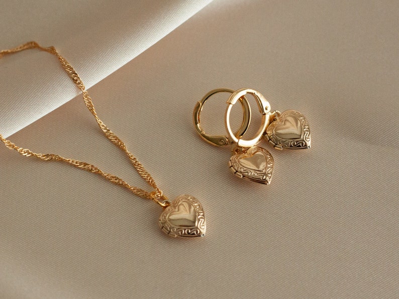 Gold Heart Locket Necklace, Heart Earrings, Hoops, Huggies, SET, Dainty Heart Jewelry, Birthday Gift, Anniversary, Christmas Gift 