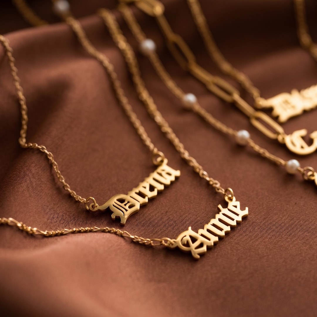 14K Gold Old English Name Necklace, Figaro Waterproof Name