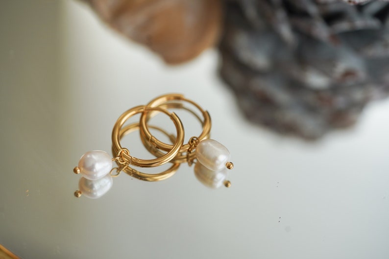 18K Gold Pearl Hoops • Pearl Huggie Earrings • Tiny Pearl Earrings • Dainty Hoops • Bridesmaids Jewelry • Christmas Gift • Christmas Gift 