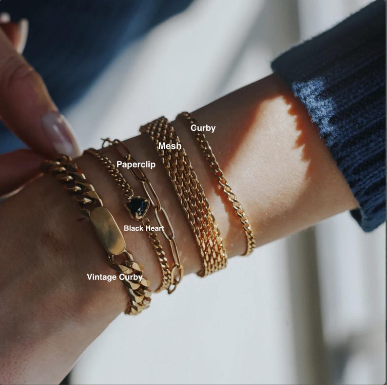 Gold Mesh Bracelet Cuban Bracelet Set, Chunky Bracelet Layer Set, Chain Bracelet by Babeina, Waterproof Stacking Bracelets, Christmas Gift image 2