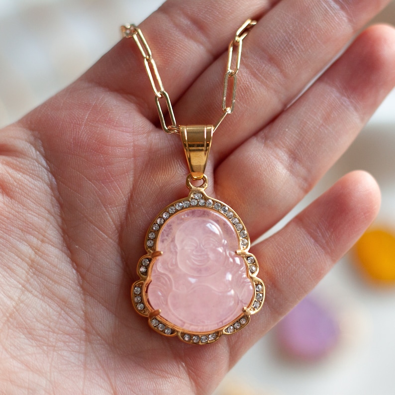 18K GOLD Light Pink Buddha Necklace Jade Jewelry STAINLESS Etsy