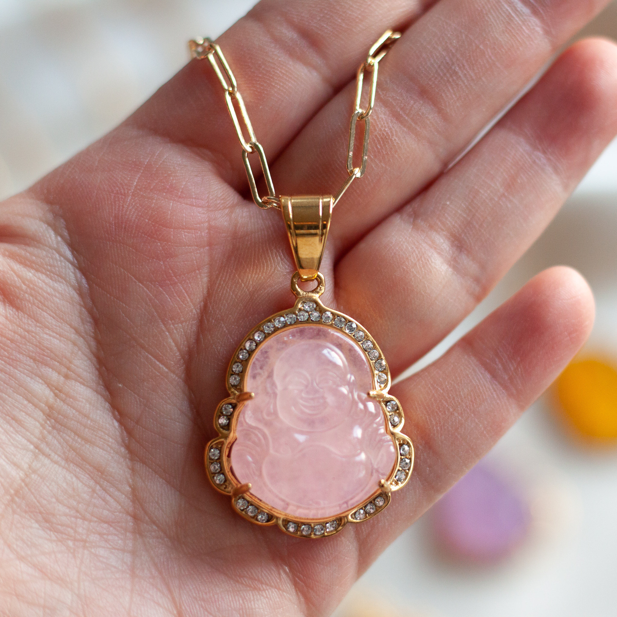 18K GOLD Light Pink Buddha Necklace Jade Jewelry STAINLESS Etsy