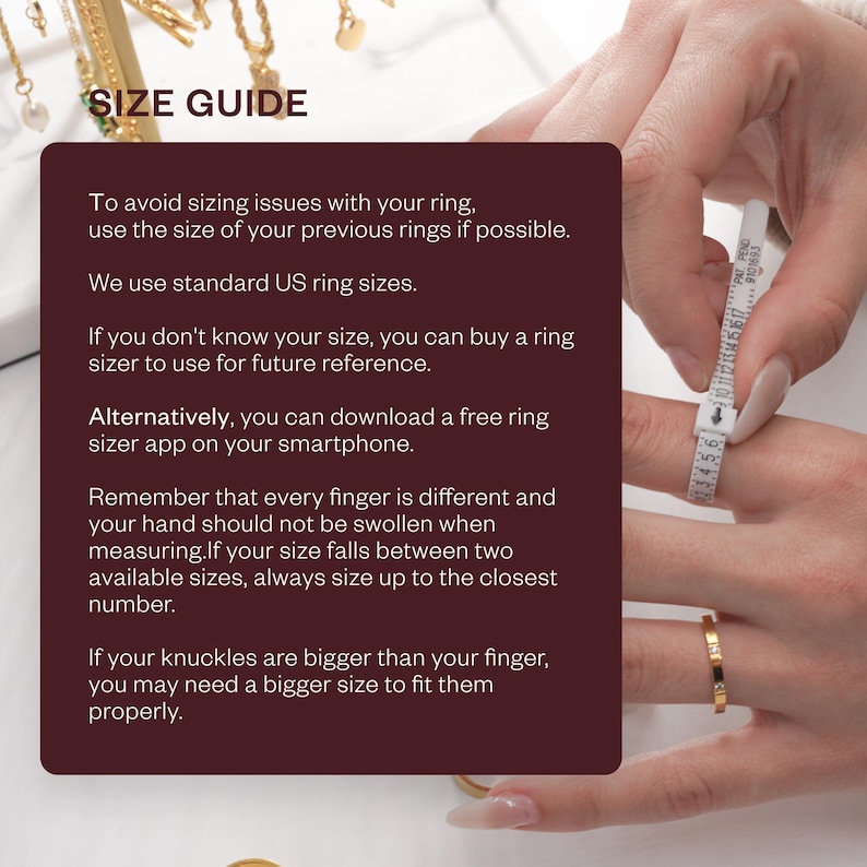May include: Image with text "SIZE GUIDE" and instructions on how to measure ring size. A person is using a ring sizer tool on their finger. The text advises using previous ring sizes, US ring sizes, and ring sizer apps.