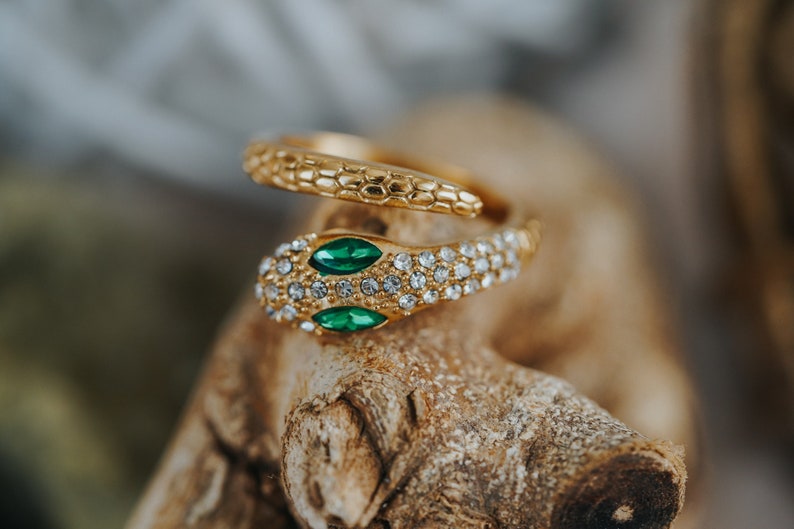 18k Gold Filled Pave Snake Ring Green Eye Serpent Ring Etsy