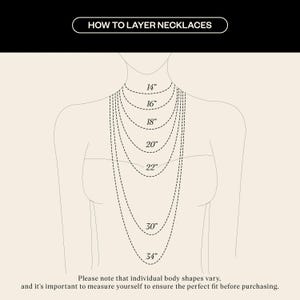 May include: Diagram showing how to layer necklaces of different lengths. The lengths are shown in inches: 14, 16, 18, 20, 22, 30, and 34 inches.