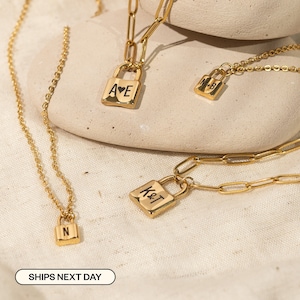 Initial Padlock Necklace in Paper Clip Chain, Lock Initial Pendant Necklace by Babeina, Engraved Necklace, Personalized Gift, Christmas Gift
