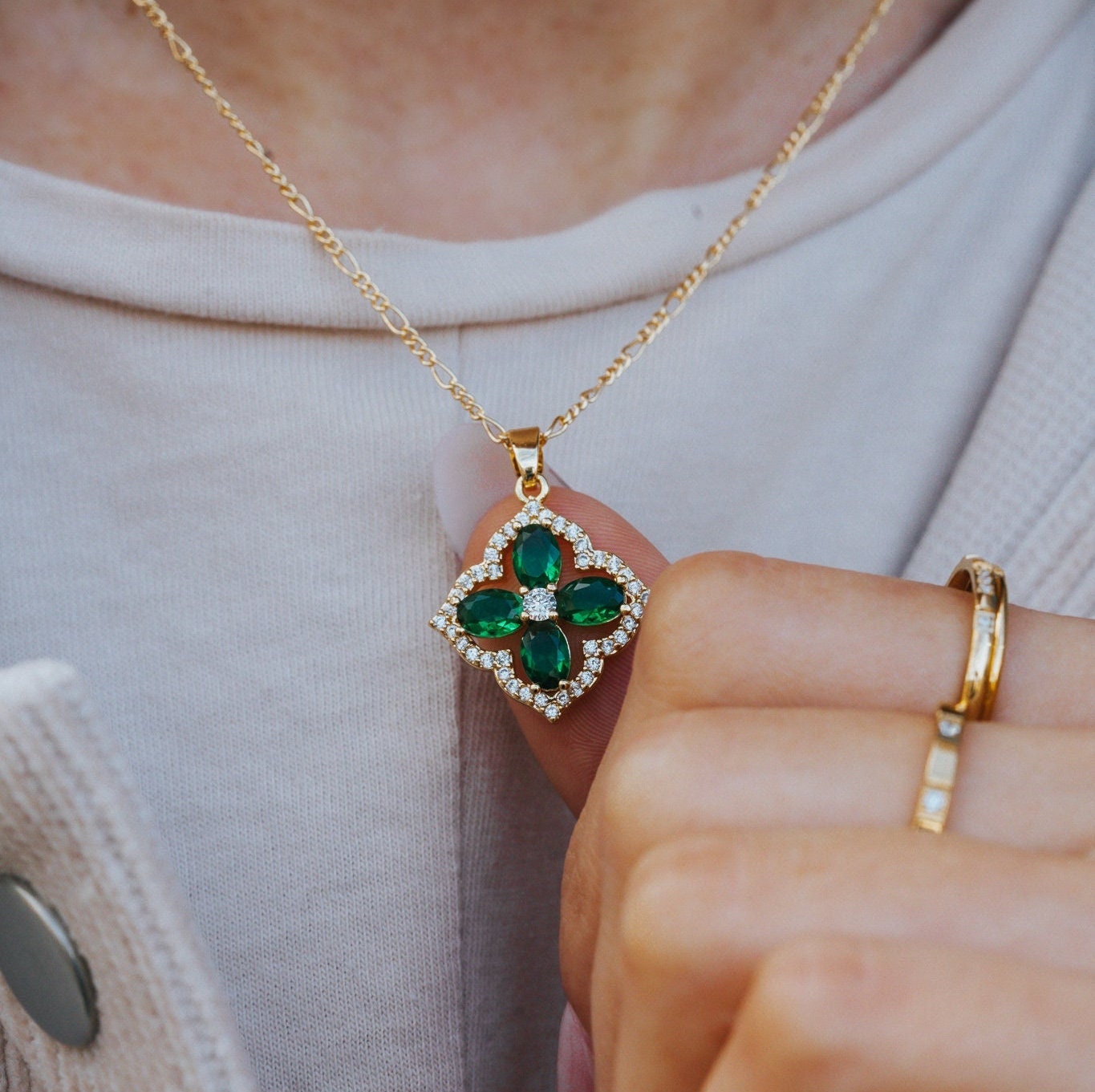 Enamel Filled Clover Earrings and Necklace Set 18k Cubic 