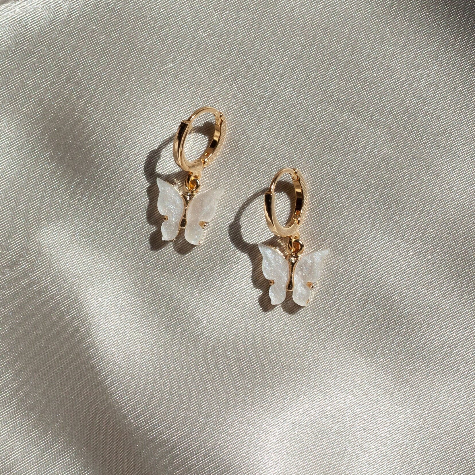 Gold White Butterfly Set, White Butterfly Earrings, Huggies, Butterfly GOLD FILLED, MARIPOSA Choker Necklace, Birthday, Christmas Gift