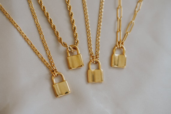 Gold Padlock Necklace by Babeina, Curb Paperclip Rope Figaro Padlock Necklace, Lock Layering Necklace, Christmas Gift, Gift for Mom