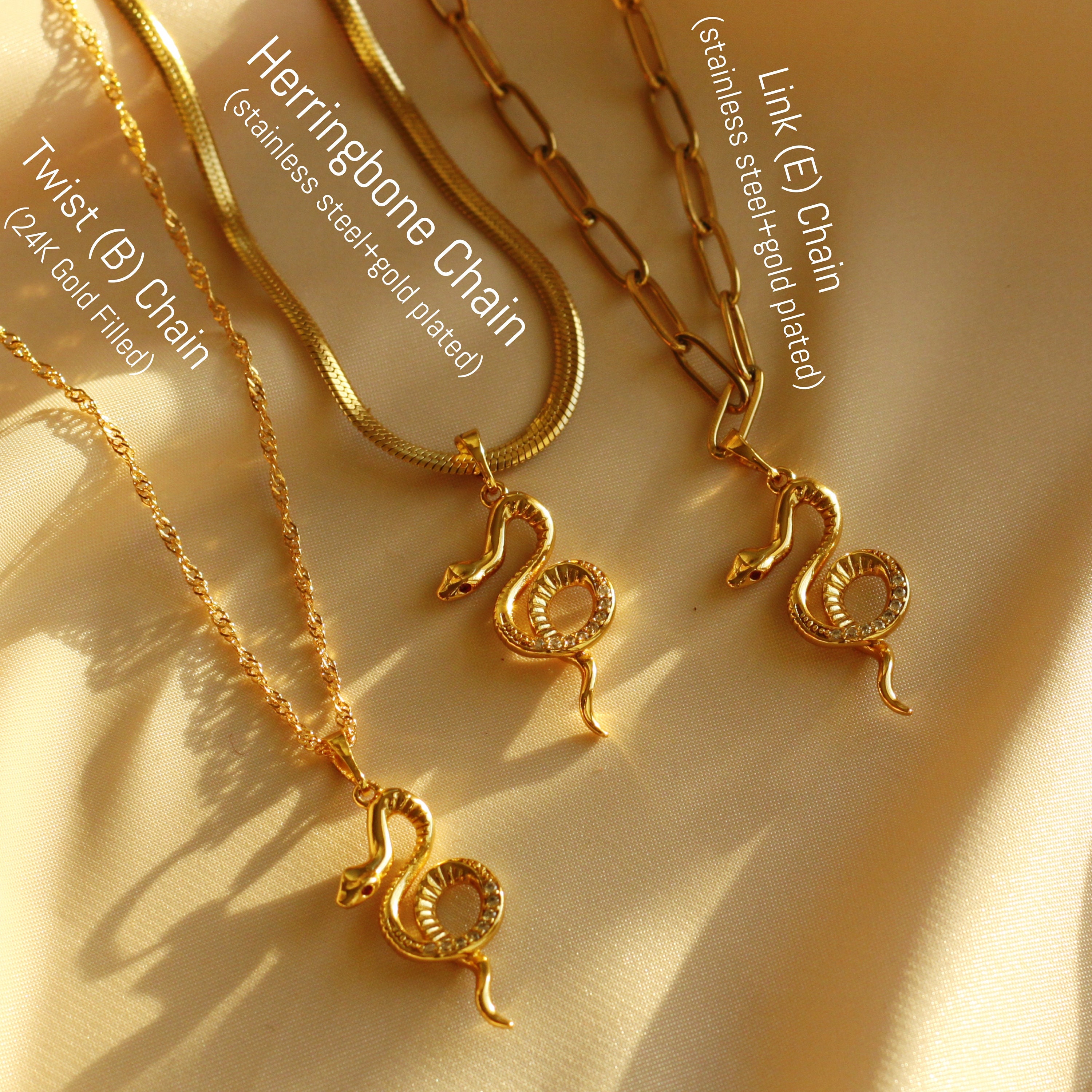 18K Gold FILLED Snake Necklace, Serpent Pendant, Charm