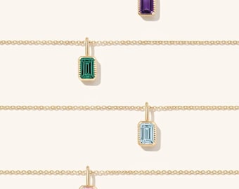 14K Solid Gold Emerald Cut Gemstone Necklace, Pink Sapphire, Amethyst, Emerald or Aquamarine