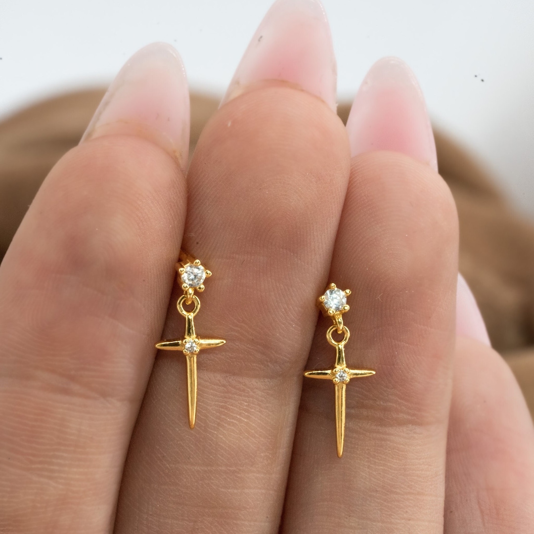 Cross Stud Earrings, Solid 925 Sterling Silver, Gold Screw Back