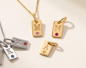 14k Gold Initial Charm with Birthstone, Tiny Monogram Pendant, Mini Initial Charm, Christmas Gift for Moms, Personalized Family Necklace