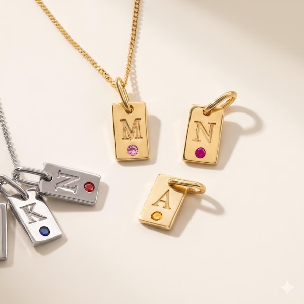 14k Gold Initial Charm with Birthstone, Tiny Monogram Pendant, Mini Initial Charm, Christmas Gift for Moms, Personalized Family Necklace