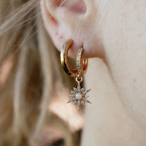 18K Gold Opal Star Earrings, Opal Star Drop Earrings, CZ Star Necklace, 18K GOLD Chain, Dainty Earrings, Birthday, Christmas Gift Idea image 2