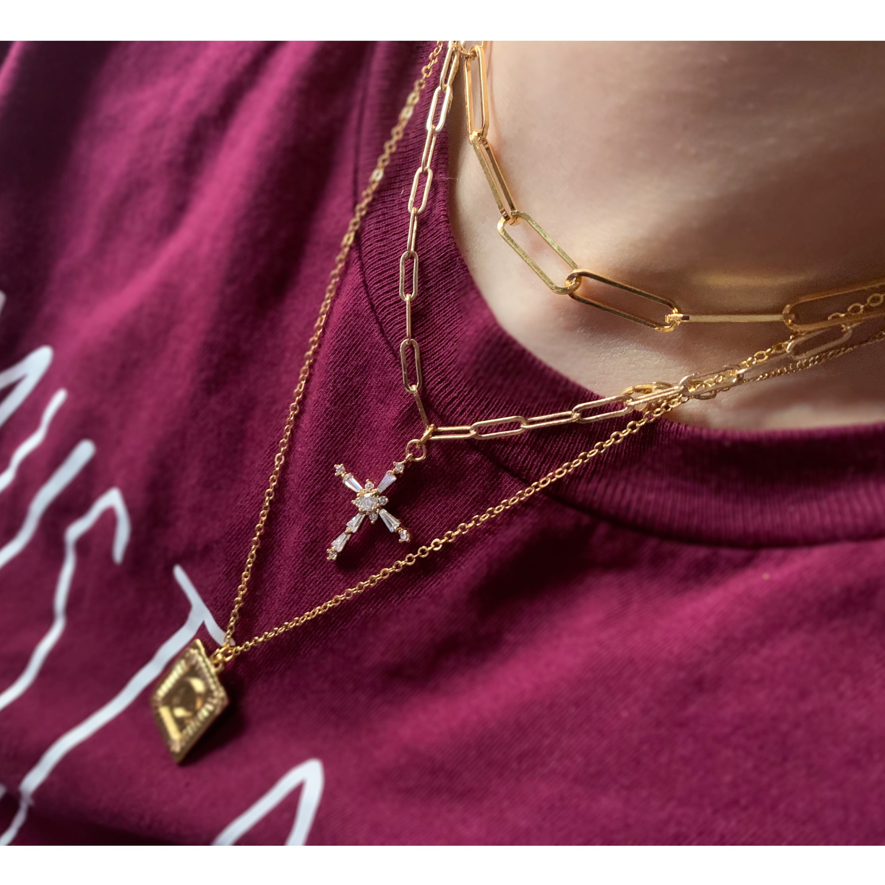18K Gold Cross Necklace, Dainty Cross Necklace, Crystal