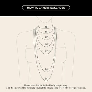 May include: Diagram showing how to layer necklaces of different lengths. The lengths are shown in inches: 14, 16, 18, 20, 22, 30, and 34 inches.