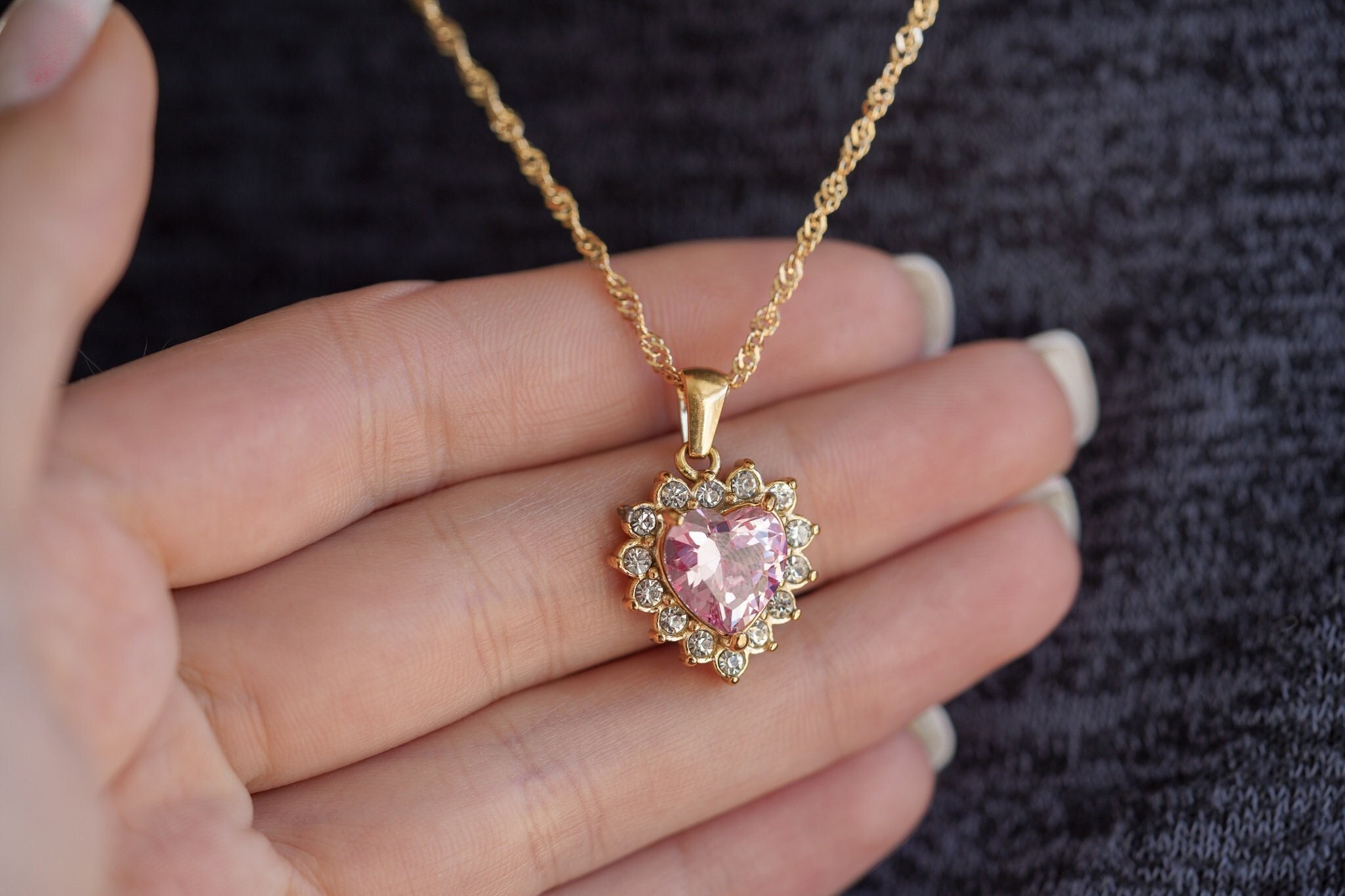 Pink & White Diamond Heart Necklace