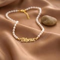 18K Gold Old English Name Necklace, Pearl Waterproof Name Necklace, Gold Christmas Gift Custom Necklace, Personalized Jewelry, Minimalist,