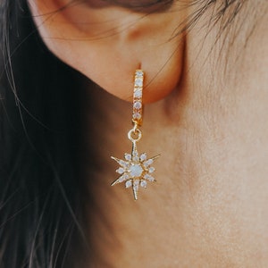 18K Gold Opal Star Earrings, Opal Star Drop Earrings, CZ Star Necklace, 18K GOLD Chain, Dainty Earrings, Birthday, Christmas Gift Idea image 4