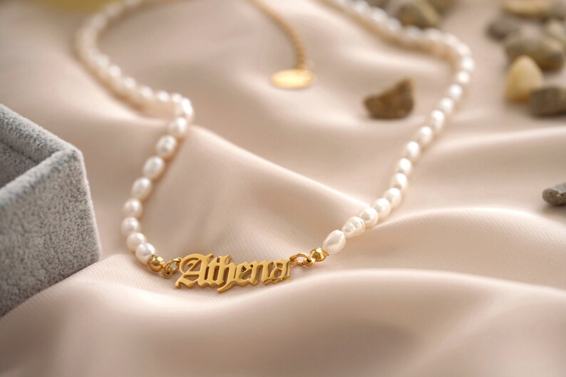 18K Gold Old English Name Necklace, Pearl Waterproof Name Necklace, Gold Christmas Gift Custom Necklace, Personalized Christmas Gift, 