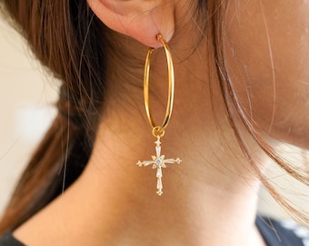 18K Gold Cross Earrings • Dangling Cross Hoop Earrings • Large Circle Dangle Cross • Large Cross Earring • HYPOALLERGENIC • Christmas Gift