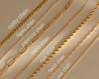 18k Gold Chain Bracelet Necklace Anklet, Figaro Chain,  Paperclip Chain, Cable Chain, Twist, Curb, Pearl Bead,Chain for kids, Christmas Gift