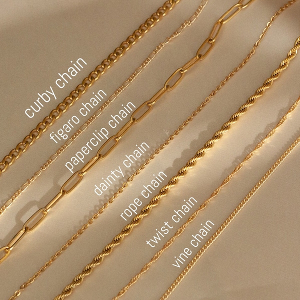 18k Gold Chain Bracelet Necklace Anklet, Figaro Chain,  Paperclip Chain, Cable Chain, Twist, Curb, Pearl Bead,Chain for kids, Christmas Gift