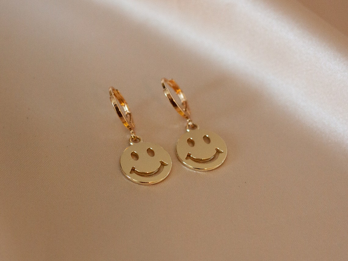 14K Gold Filled Smiley Earrings Smile Emoji Earrings Smiley Etsy