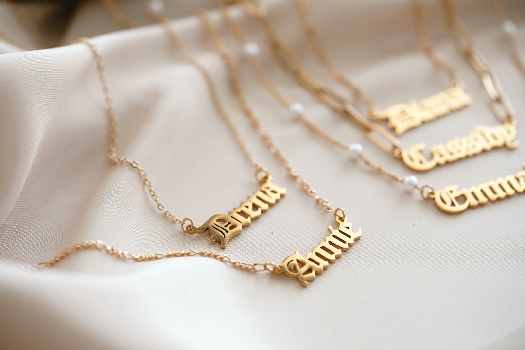 14K Gold Old English Name Necklace, Figaro Waterproof Name