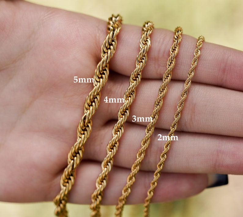 May include: Four gold rope chains of different thicknesses, labeled 2mm, 3mm, 4mm, and 5mm.
