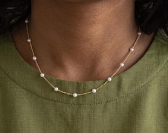 Pearl Bead Necklace By Babeina, Pearl Satellite Necklace, Wedding Gift, Christmas Gift Idea, Beaded Chain Necklace, Bridesmaid Jewelry