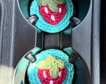 Crochet Strawberry Car Coasters | Cottagecore Cotton Cup Holder Decor
