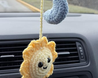 Crochet Sun & Moon Car Charm | Boho Rearview Mirror Hanging