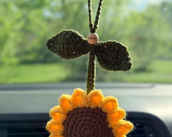 Crochet Sunflower Car Charm Rearview Mirror Hanging / Boho Car Accessory Gift