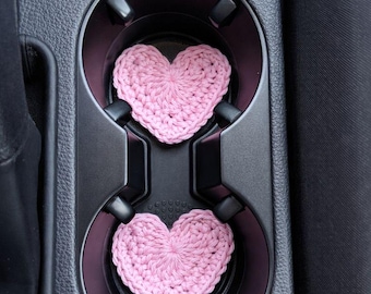 Crochet Heart Car Cup Holder Coasters Handmade Valentine Car Decor Set of 2