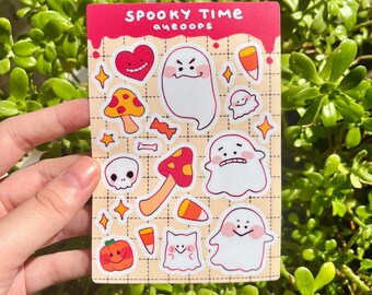 Spooky Time Halloween Ghosts Sticker Sheet, Cute Matte Vinyl Waterproof Diecut Sticker | Water Bottle Laptop Sticker | Journaling Sticker