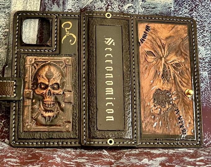 Necronomicon Leather Phone Case - with cardholder for six credit cards(for any phones per order)