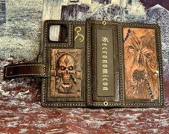 Necronomicon Leather Phone Case - with cardholder for six credit cards(for any phones per order)