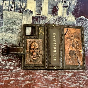 Necronomicon Leather Phone Case with cardholder for six credit cardsfor any phones per order image 1