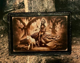 Native American Indian girl with fabulous alligator and wolf - journal for notes with pockets and three cardholders