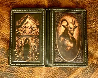 Handmade Leather Card Holder “Graveyard Keeper” – Gothic Mutant Goat & Cemetery Crypt Design, Horror Steampunk Fantasy Wallet