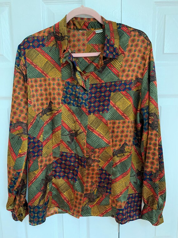 Vintage Horse Printed Blouse 80s Equestrian