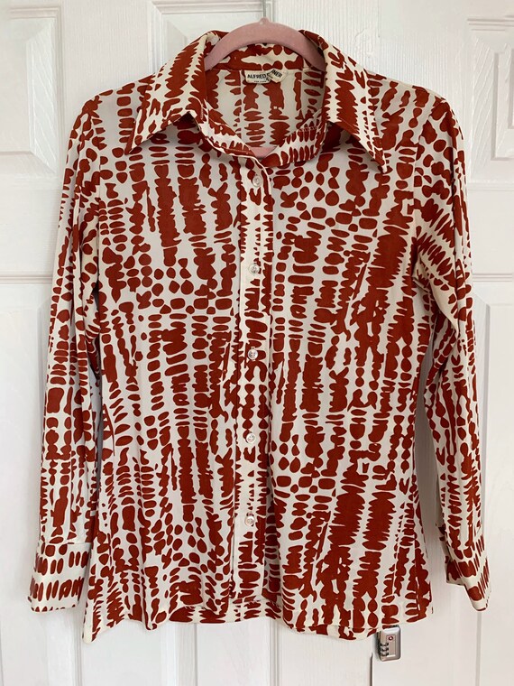 70s Printed Blouse Rust and Cream - image 1