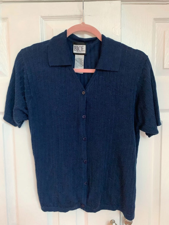 90s Navy Blue Ribbed Button Up 1990s Preppy Polo - image 1